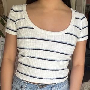 ribbed white shirt with cyan, lilac, and navy strips